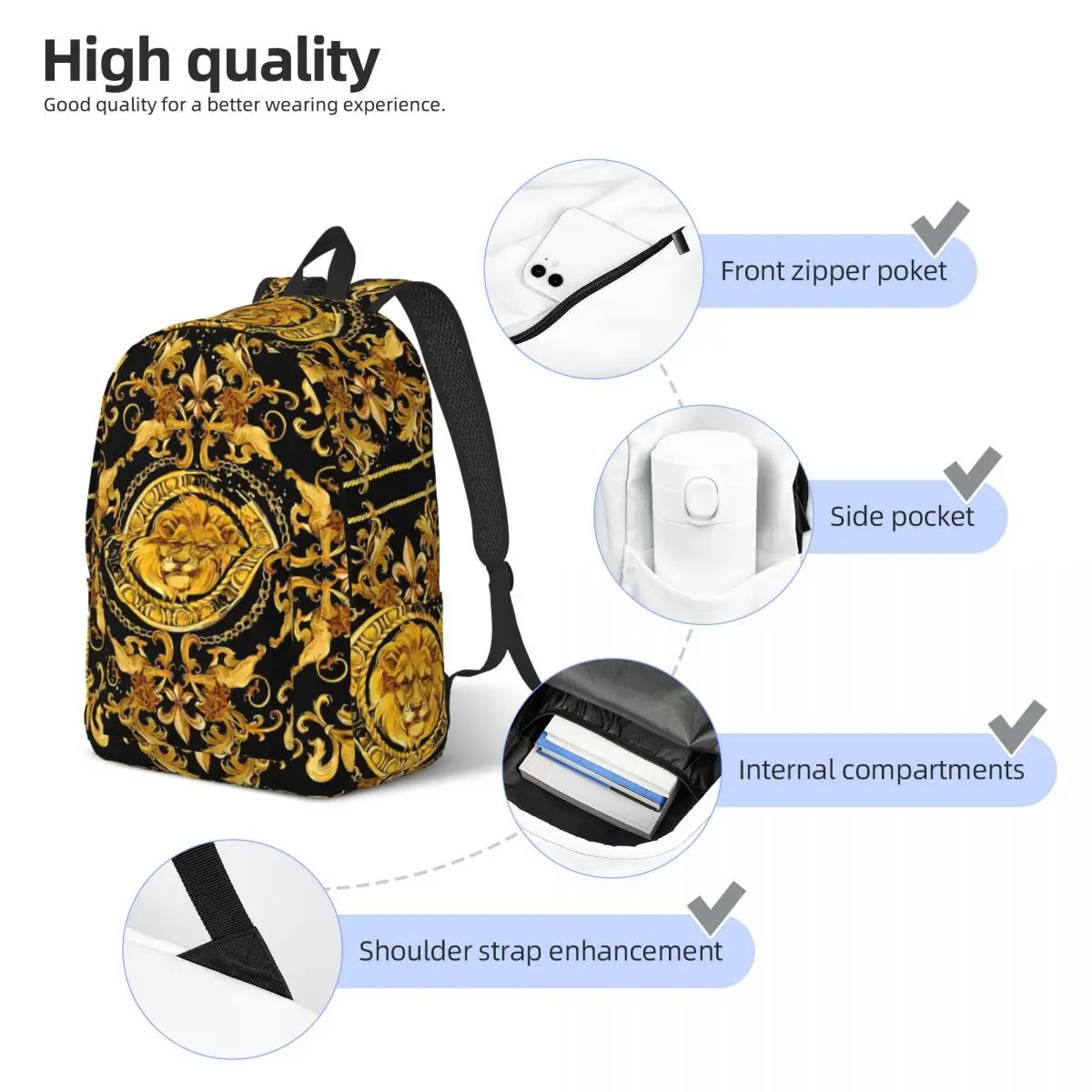 Golden Lion Luxury Design Cool Backpack Sports Student Business Daypack for Men Women College Canvas Bags