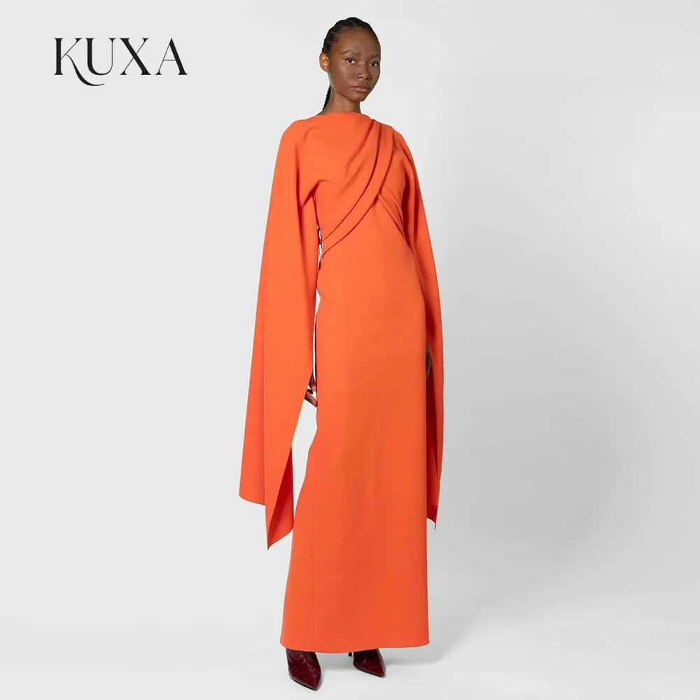 KUXA Customized Orange Evening Dress Draped Detail Cape Sleeves Deep V‑Back Sheath Maxi Gown For Women Party Gala Prom Gowns