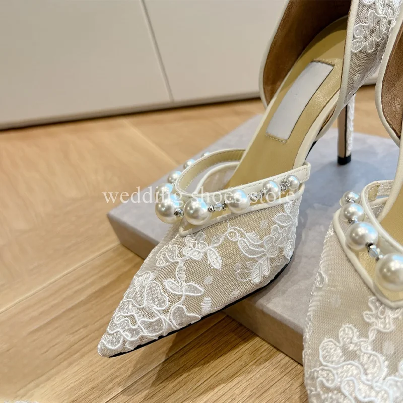 Embroidered Lace Pearl Heels Women High Heels Shallow Mouth Pointed Toe High Heels Luxury New Single Shoes Women Pumps Wedding