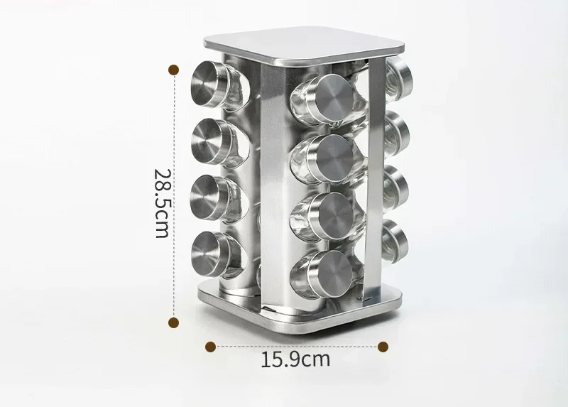 Stainless Steel Rotating Spice Storage Rack, Condiments Shelf, Seasoning Jar Set, Kitchen Supplies, 16 Holes