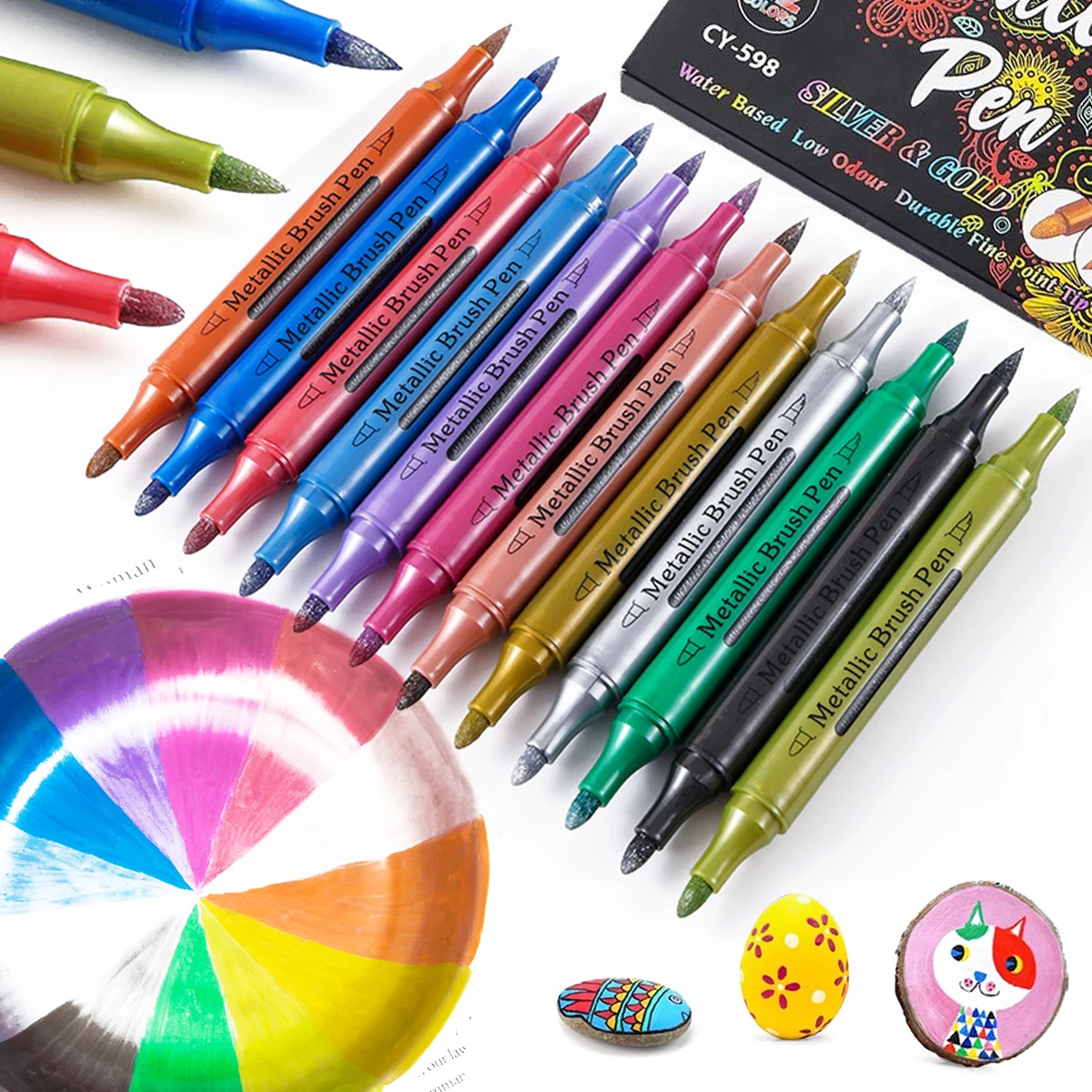 

12 Color Dual Tip Chrome Pen Marker Metallic Color Mirror Markers Soft/Hard Nib For Rock Ceramic Glass Metallic