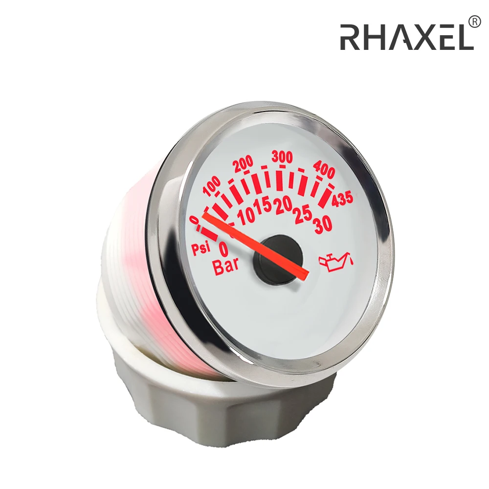 RHAXEL 52mm Oil Pressure Gauge 0-30bar 0-435Psi with Red Backlight 12V 24V Universal