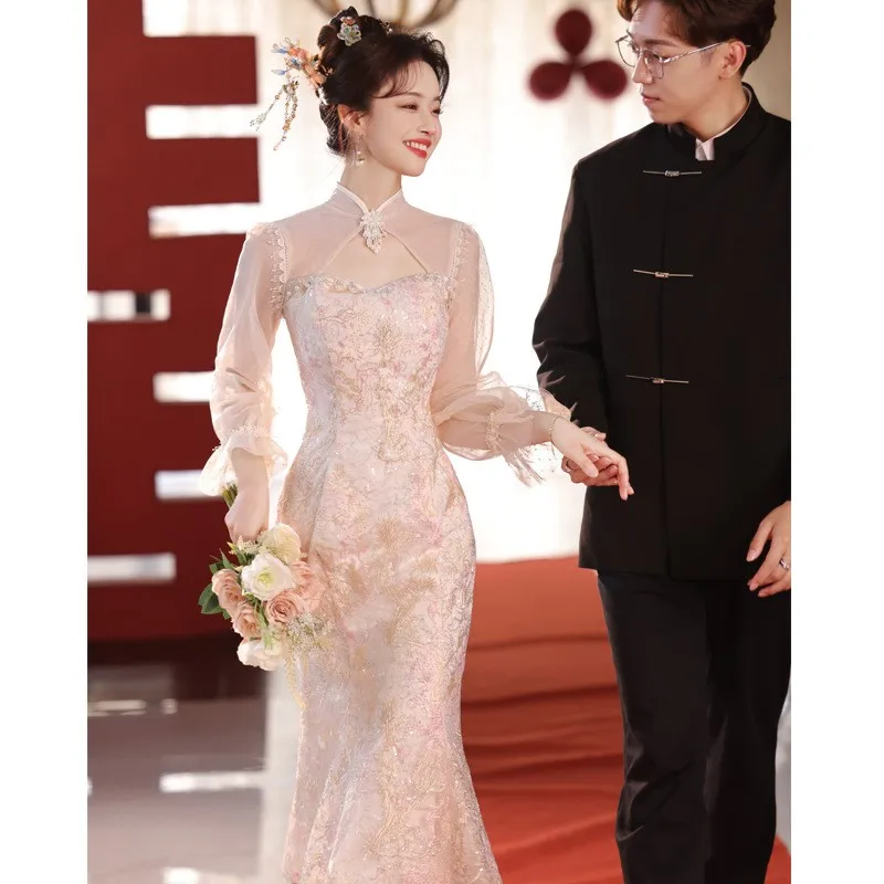 

New Chinese-style toasting style pink fishtail dress a fashionable