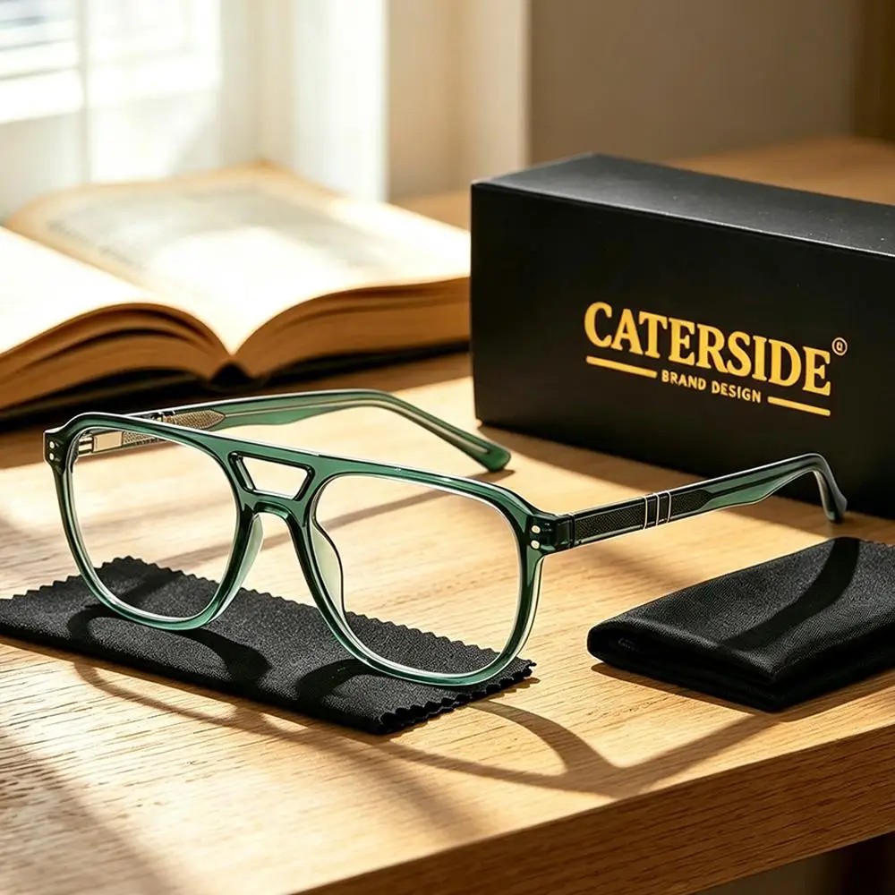 CATERSIDE Modische Herren-Pilotenbrille mit Blaulichtfilter, Flachrand-Design mit Doppelbrücke, Brillengestell, Damen-Dekorationsbrille – Detail 2