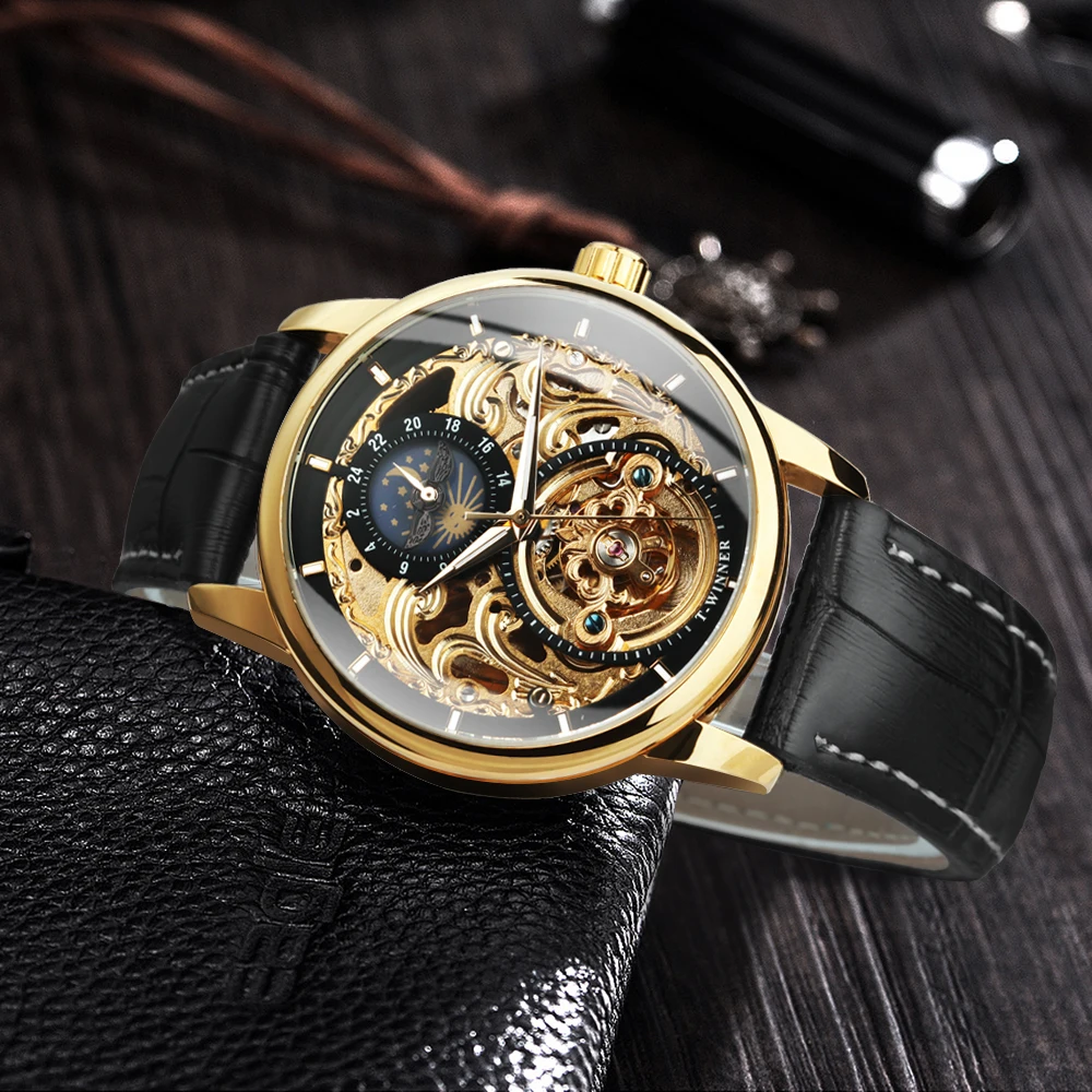 WINNER Gold Tourbillon Moon Phase Skeleton Automatic Watch for Men Leather Steel Strap Retro Luxury Brand Mechanical Watches New