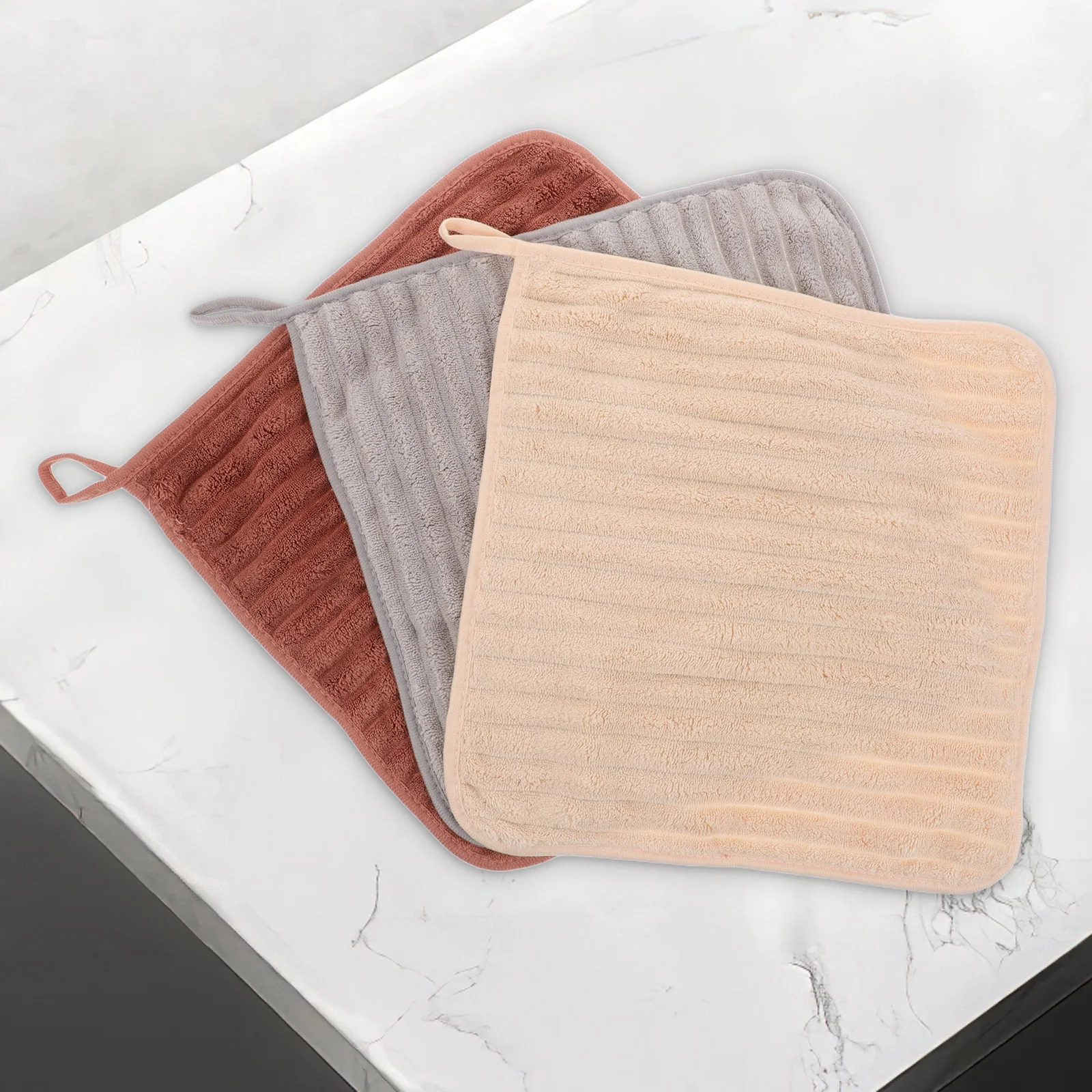 

3pcs Soft Thick Coral Fleece Bath Towel Stylish Wide Stripe High Absorbency Quick Dry With Hanging Loop For Bathroom Kitchen