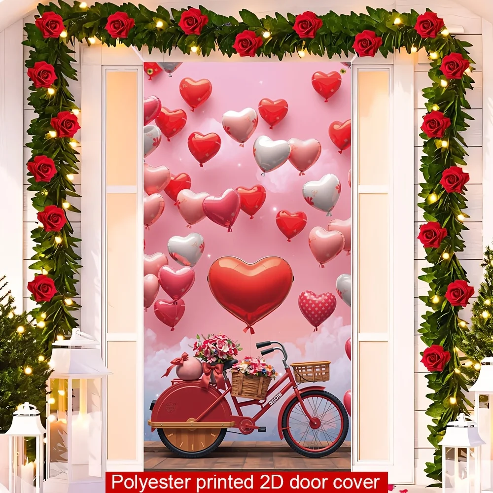 2D-Türbanner 1, Türhülle aus Polyester zum Valentinstag, Rosen- und Herzthema mit Fahrraddesign, Partydekoration