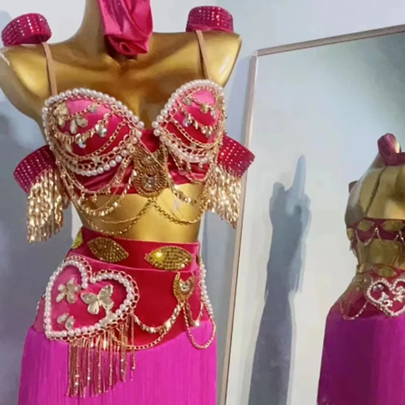 Latin Dance Costume, Rhinestone Women's Clothing, High-end Custom Pearl Bra, Tassel Skirt, Samba Dance Dress, Performance Dress