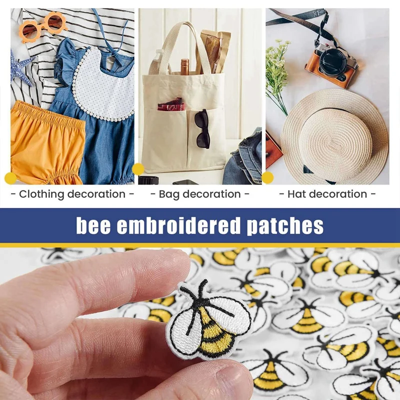 60PCS Bee Embroidered Patches,Cute Bumble Iron On Embroidered Applique Decoration Sewing Patches For Clothes DIY Patches