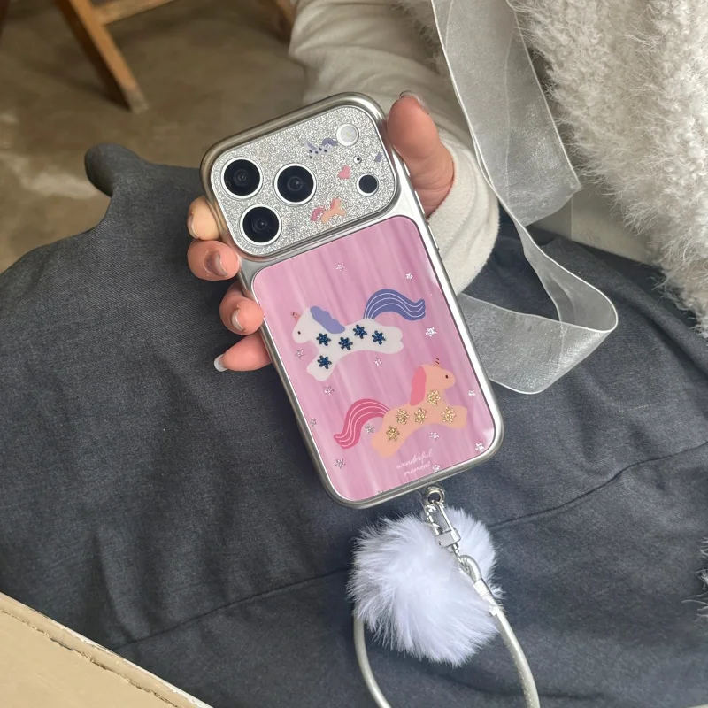 

Fashion Plating Glitter Horse Cute Phone Case For iPhone 17 Pro 14 15 16 Pro Max Cover with Plush Ball Hand Rope Lovely Cases Fu