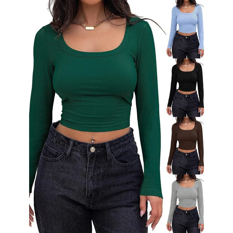 Ribbed Knit Slim Fit Short Crop Square Neck T Shirt Tops for Women Basic Streetwear Casual Tees