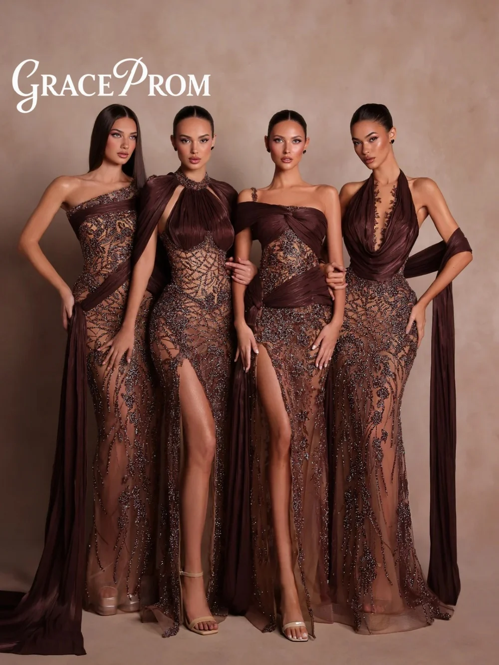 

GraceProm Opulent Halter Neck Evening Dress 2026 Exquisite High Slit Beaded Sheer Mesh Mermaid Silhouette Prom Gown فساتين سهرة