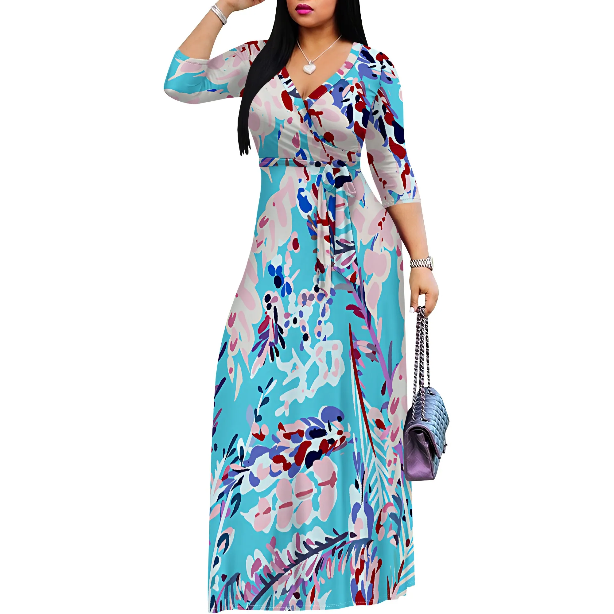 Women's Short Sleeve Sexy V Neck Loose Boho Long Dress Fashion Printed Split Hem Club Party Casual Vacation Maxi Dress