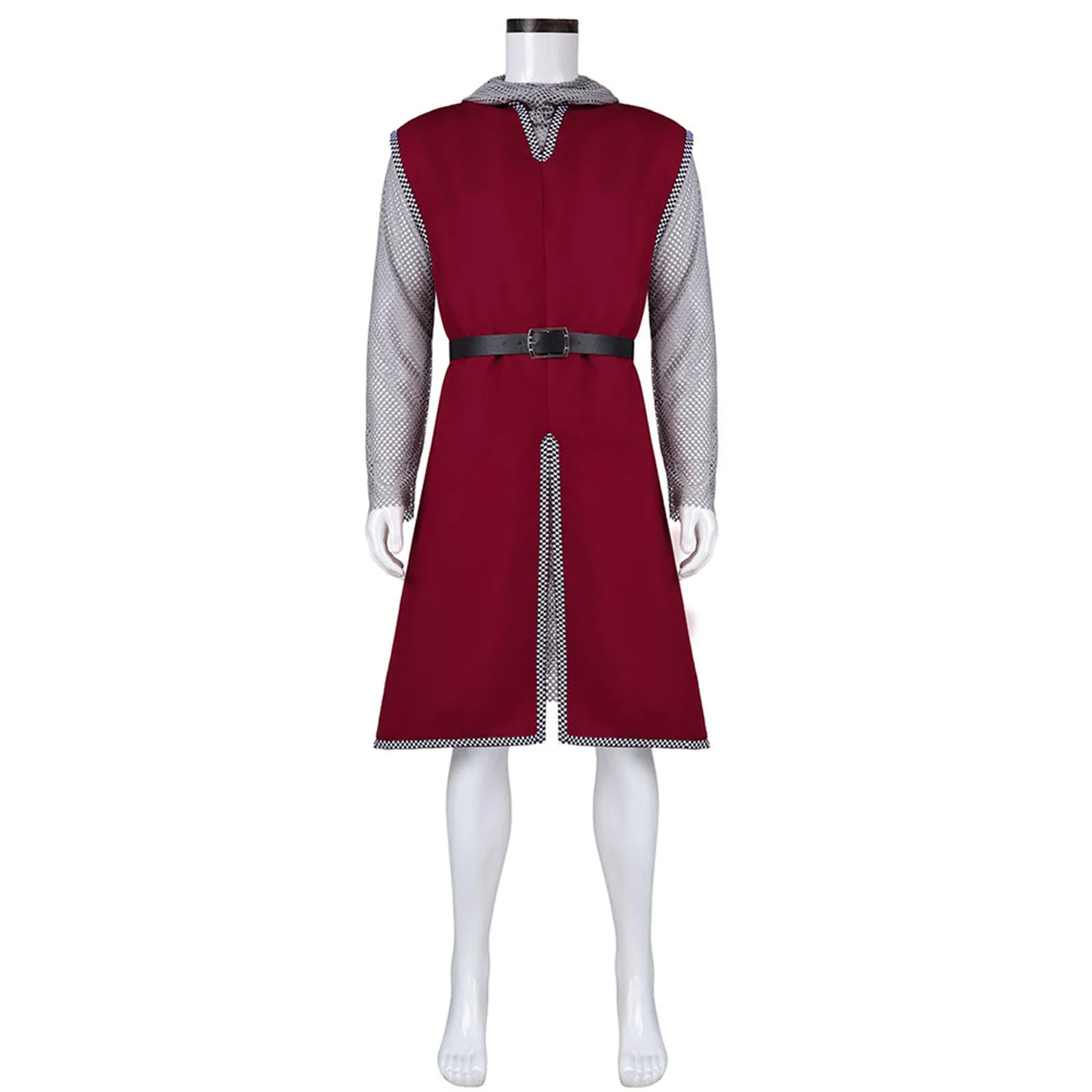 Men Medieval Knight  Wine Red Chainmail Mesh Tunic with Belt Halloween Warrior Cosplay Costume view 2