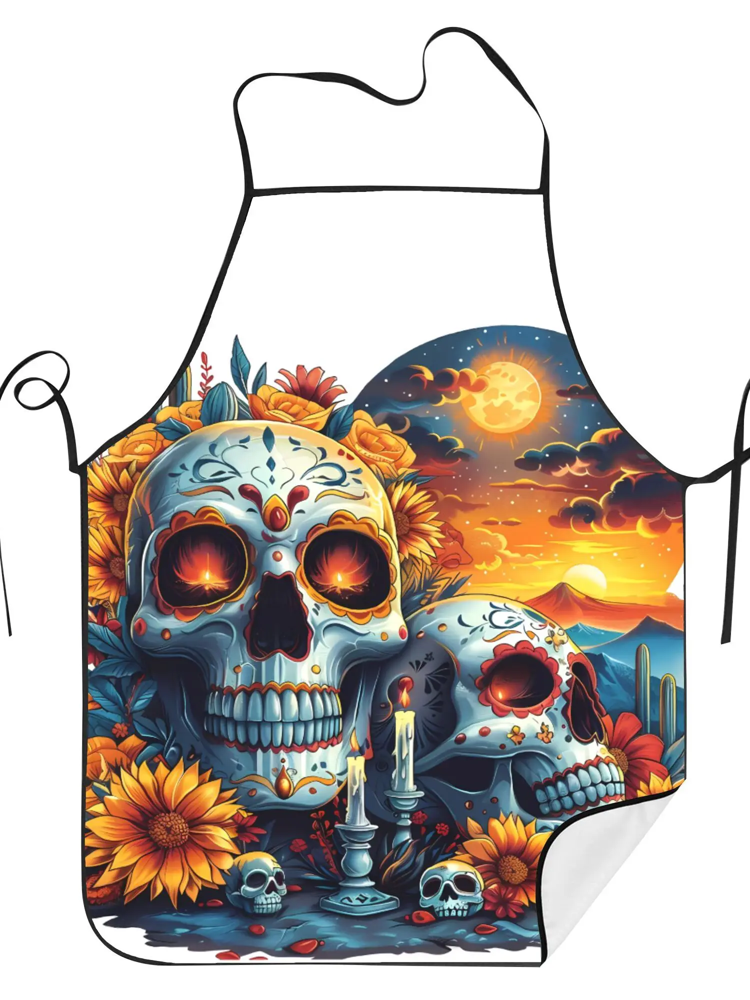 2D Print Design Day Of The Dead Skull Floral Sunset Apron Adult Size Durable Sleeveless Kitchen Bib Comfortable Workwear For Coo