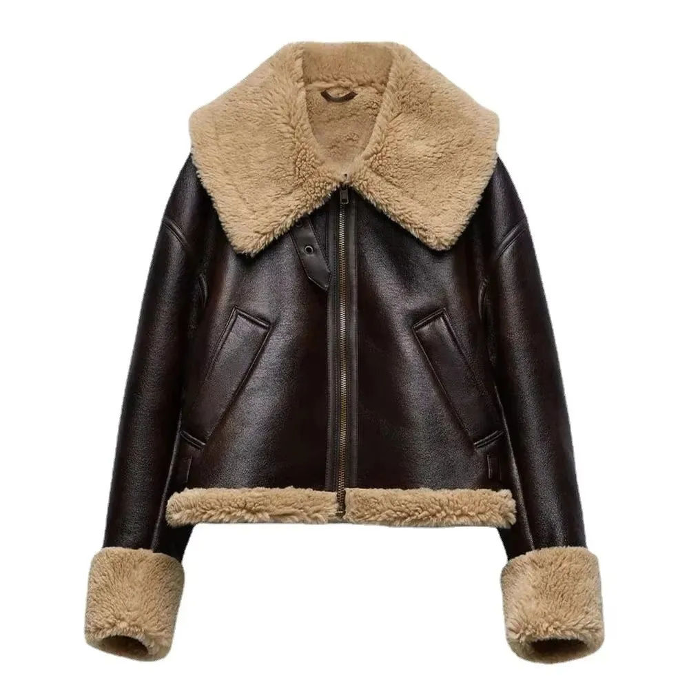 New women's faux fur jacket with a large lapel top