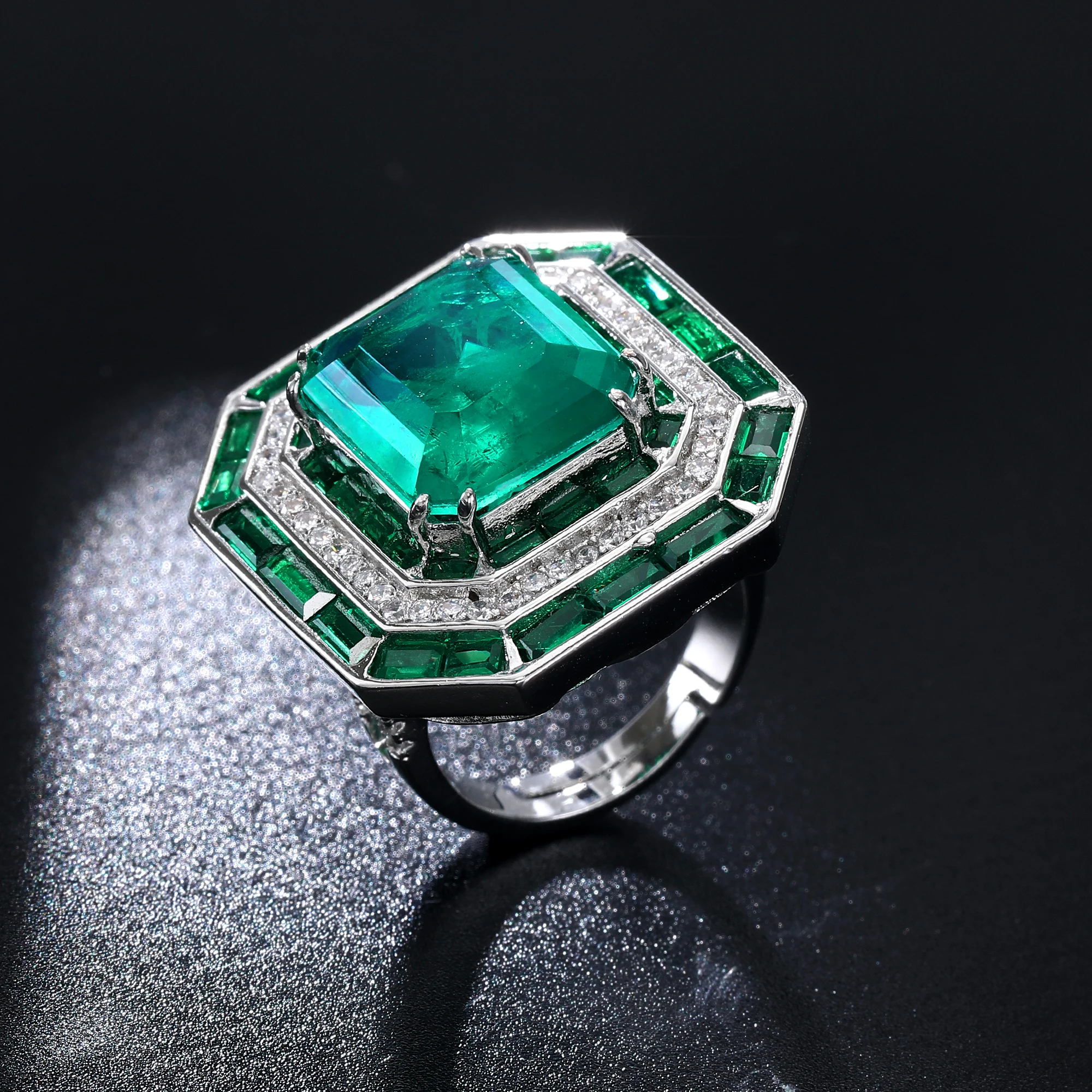 

White Gold Emerald Green Color Emerald Cut Fusion Stone Women Rings