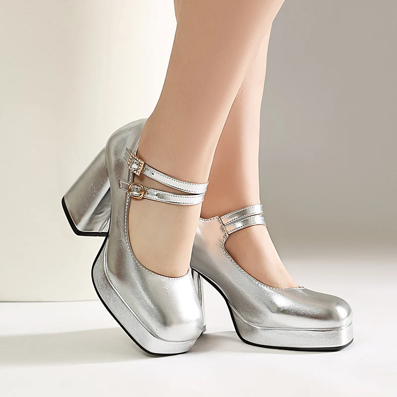 Women Silver Metallic Platform Mary Jane Shoes Double Rhinestone Buckle Chunky Block High Heels Y2K Vintage Square Toe Pumps
