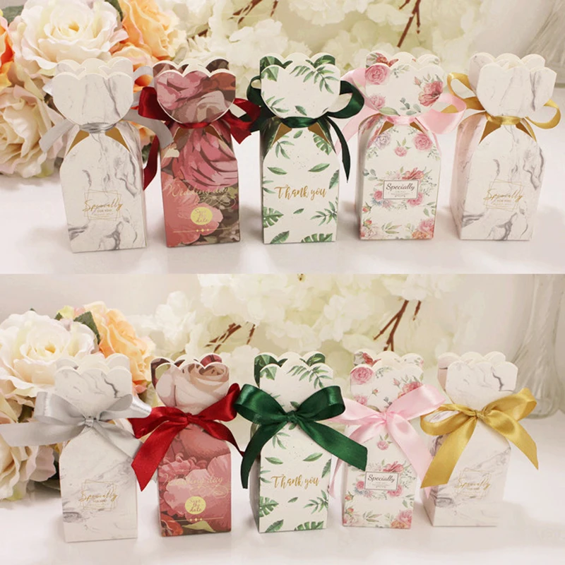 10/20/30Pcs Fishtail Vase Candy Box Floral Wedding Day Favor Gift Box Baby Packaging Bags With Ribbon Birthday Party Decoration