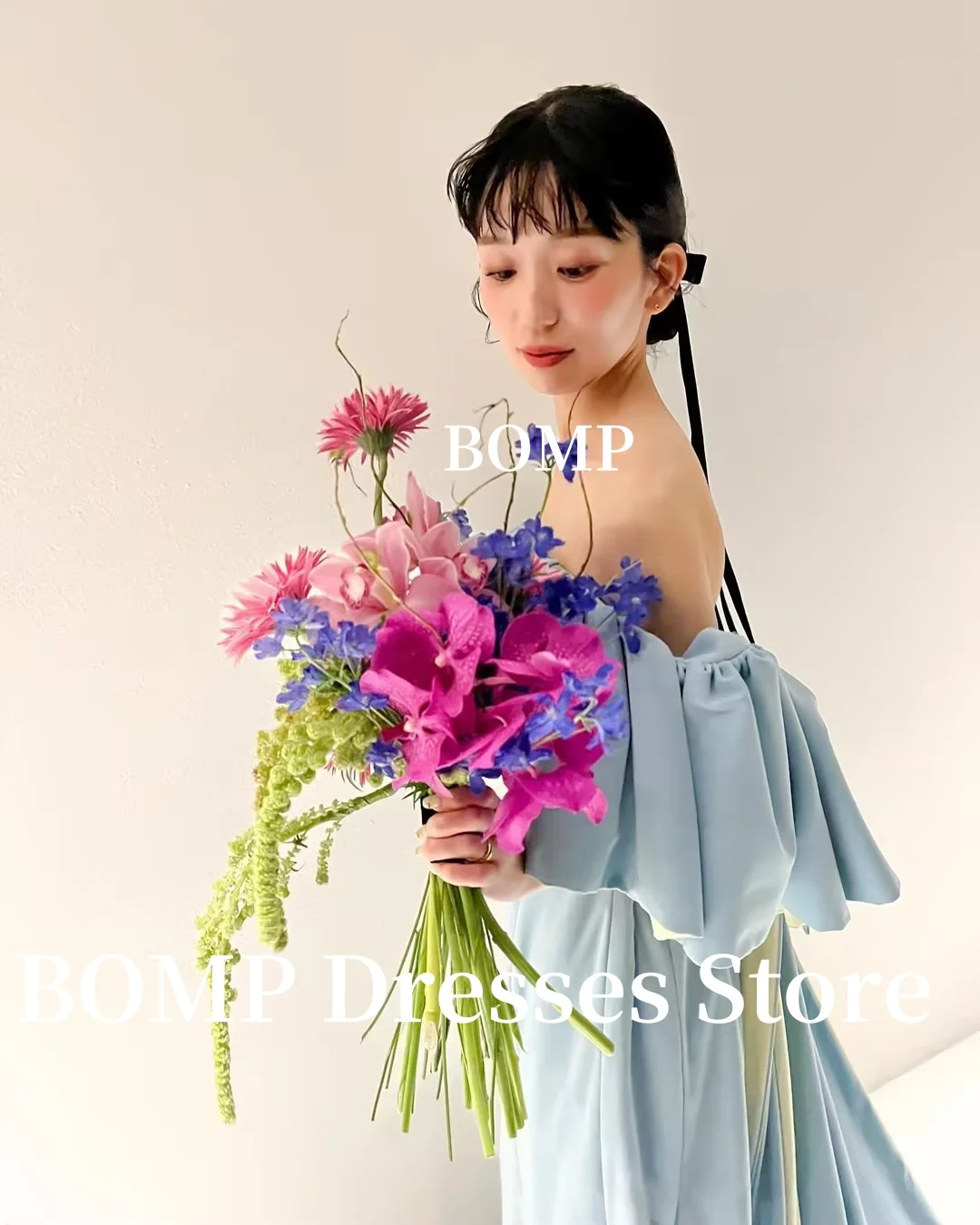 BOMP Baby Blue Wedding Dresses Korea Photo shoot Pleats Floor length Mermaid Trumpet Bridal Gowns  Customized Princess