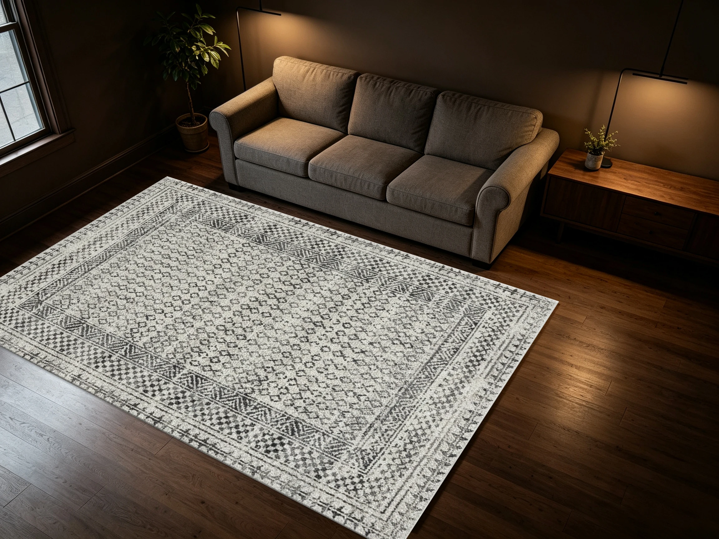 Moroccan Geometric Tribal Carpet Flooring, Light Grey Distressed Boho Area Rug Non Slip Floor Mat for Home Interior