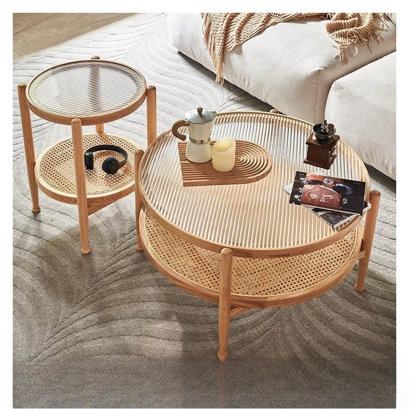 Rattan solid wood coffee table round combination Nordic living room simple glass tea table household small apartment