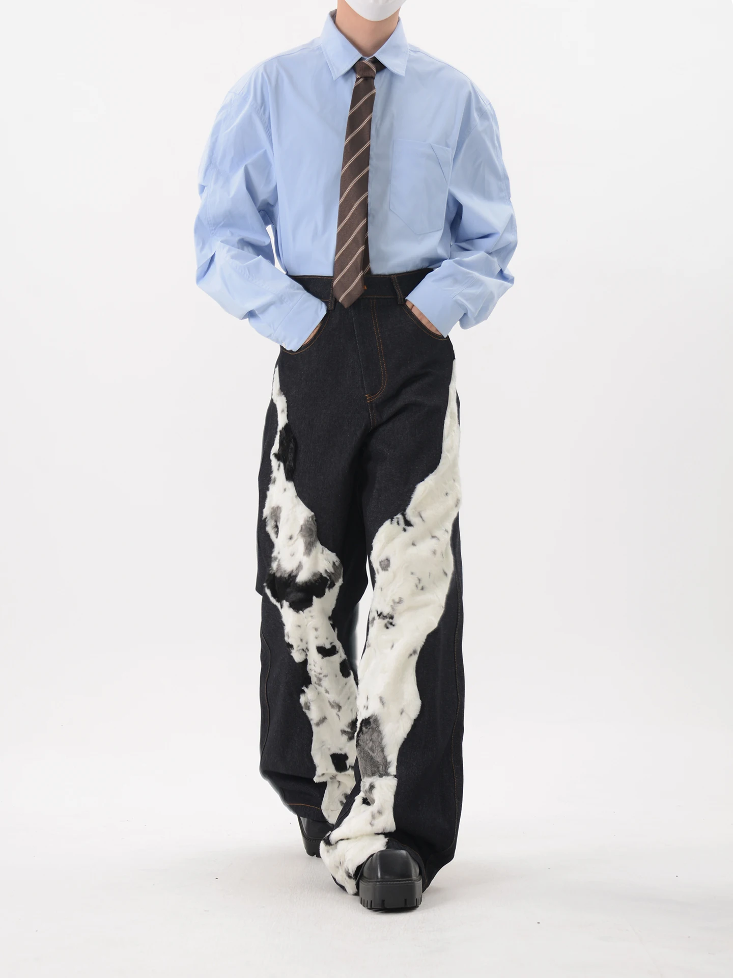 Niche Designer Deconstructed Design Stitching Plush Jeans Men's Autumn Loose Wide Leg Mop Pants