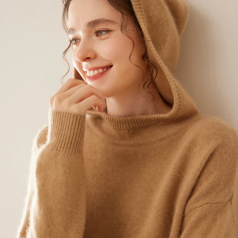 High-End Autumn Winter New Women 100% Cashmere Sweater Lady Solid Thickened Warm Hooded Knitted Pullover Outwear Girl Clothing