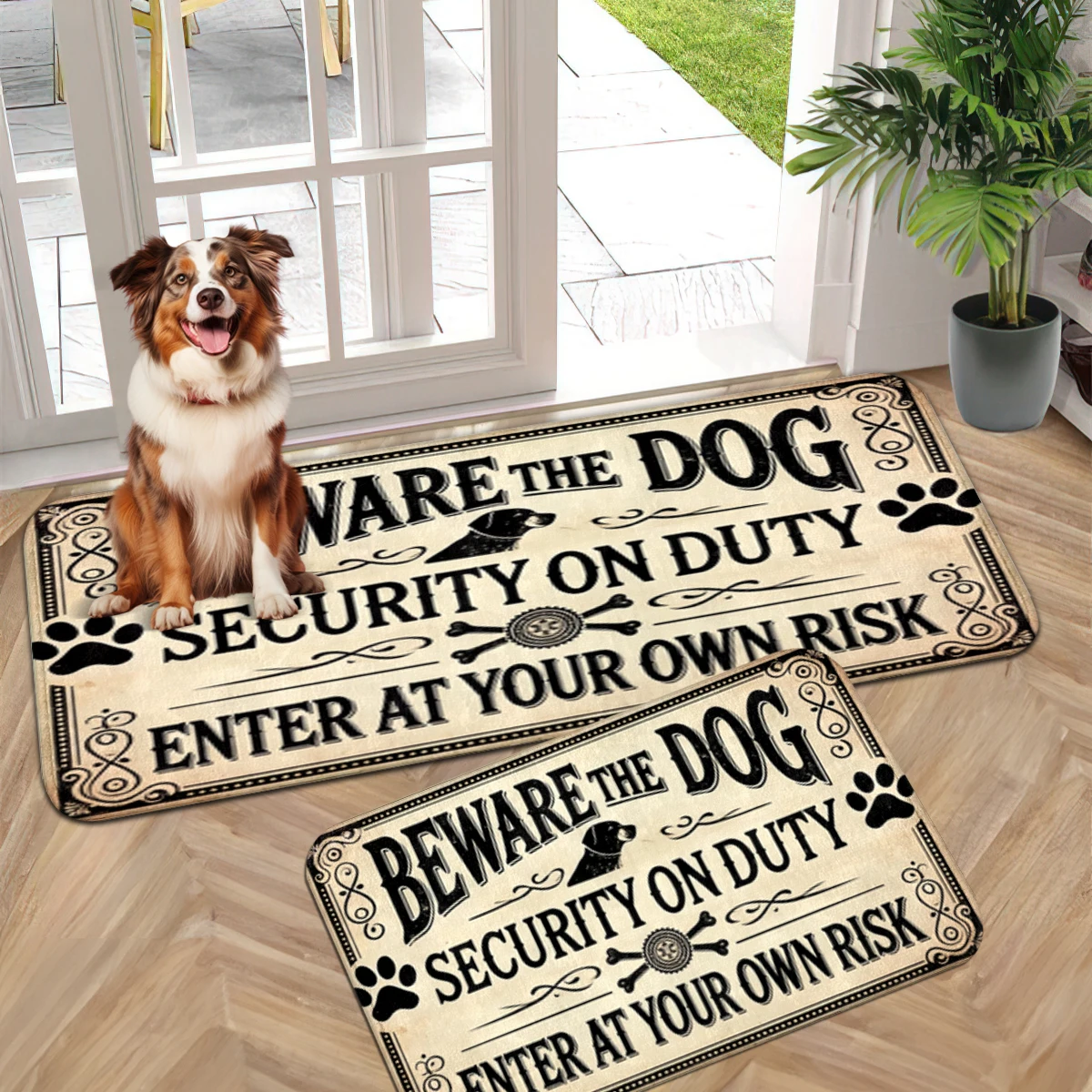 Vintage Warning Dog Paw Mat, Carved Frame Dog Rule Runner, Black White Art Dog Guard Mat, Shield Paw Dog Door Mat.
