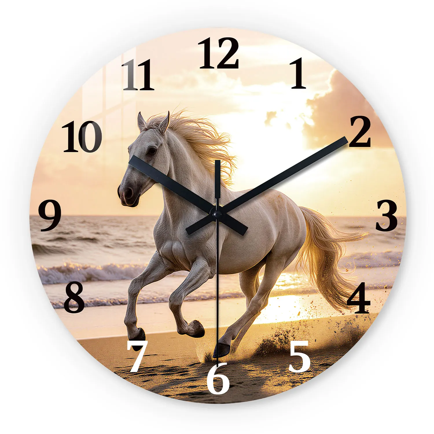 Wooden Wall Clock with Galloping Horse and Sunset Beach Pattern, 10-24inch Silent Wall Clocks, Aa Battery Powered, Suitable for Living Room, Bedroom, Office, (Batteries Not Included), Mother's Day, Easter, April Fool's Day