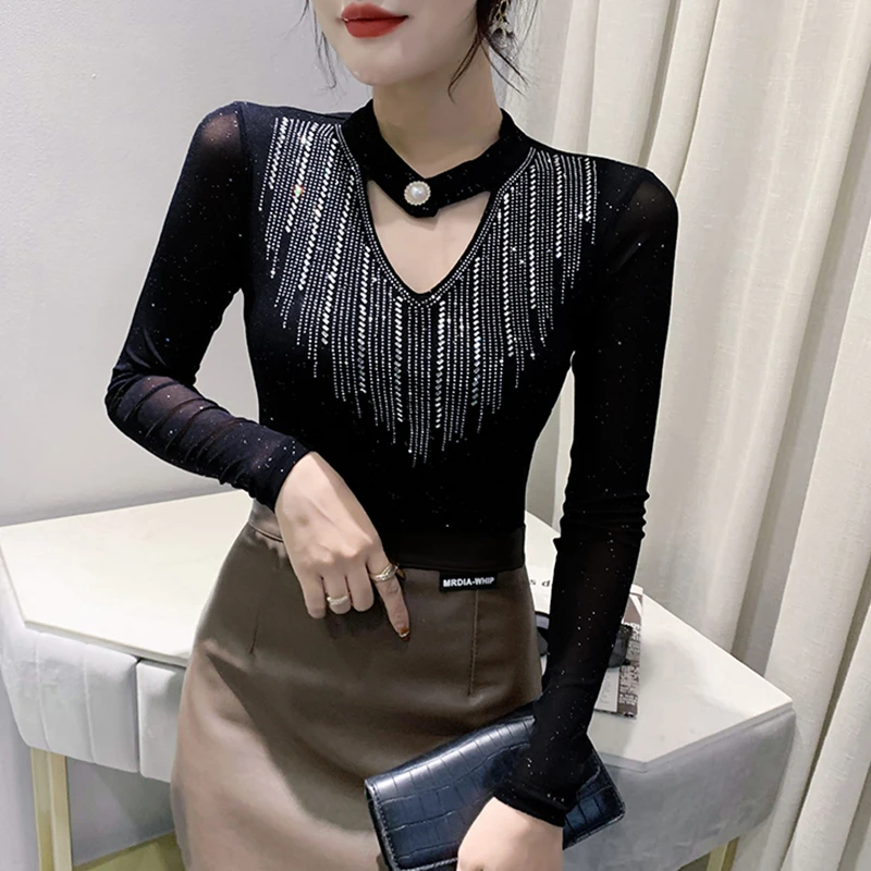 

Fall Winter European Clothes Mesh T-Shirt Chic Sexy Hollow Out Shiny Diamonds Tops Long Sleeve Bottoming Shirt 2025 New Tees 02