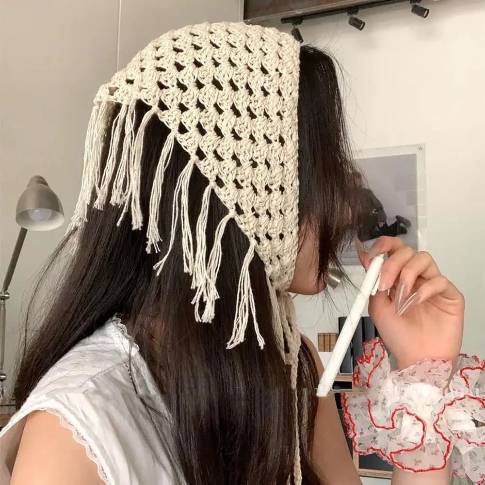 Jilbab Bunga Rajutan Berongga Mode Syal Rambut Segitiga Rumbai Bohemian Rok Setengah Bersabuk Musim Panas Pembungkus Syal Rambut Berlapis