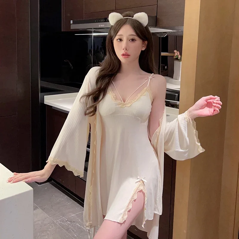 2023 Autumn 2PCS Sexy Lace Lingerie Modal Nightgowns Robes Sets for Women Sleepwear Suit Bathrobes Nightdress Night Dress Nighty