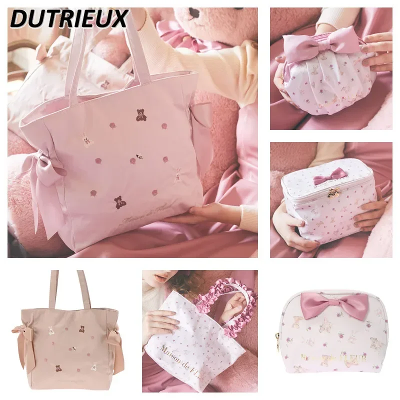 

Printed Embroidered Women's Cosmetic Bags Bow Shoulder Makeup Wash Change for Ladies Fashion Sweet Cute Handbags Female