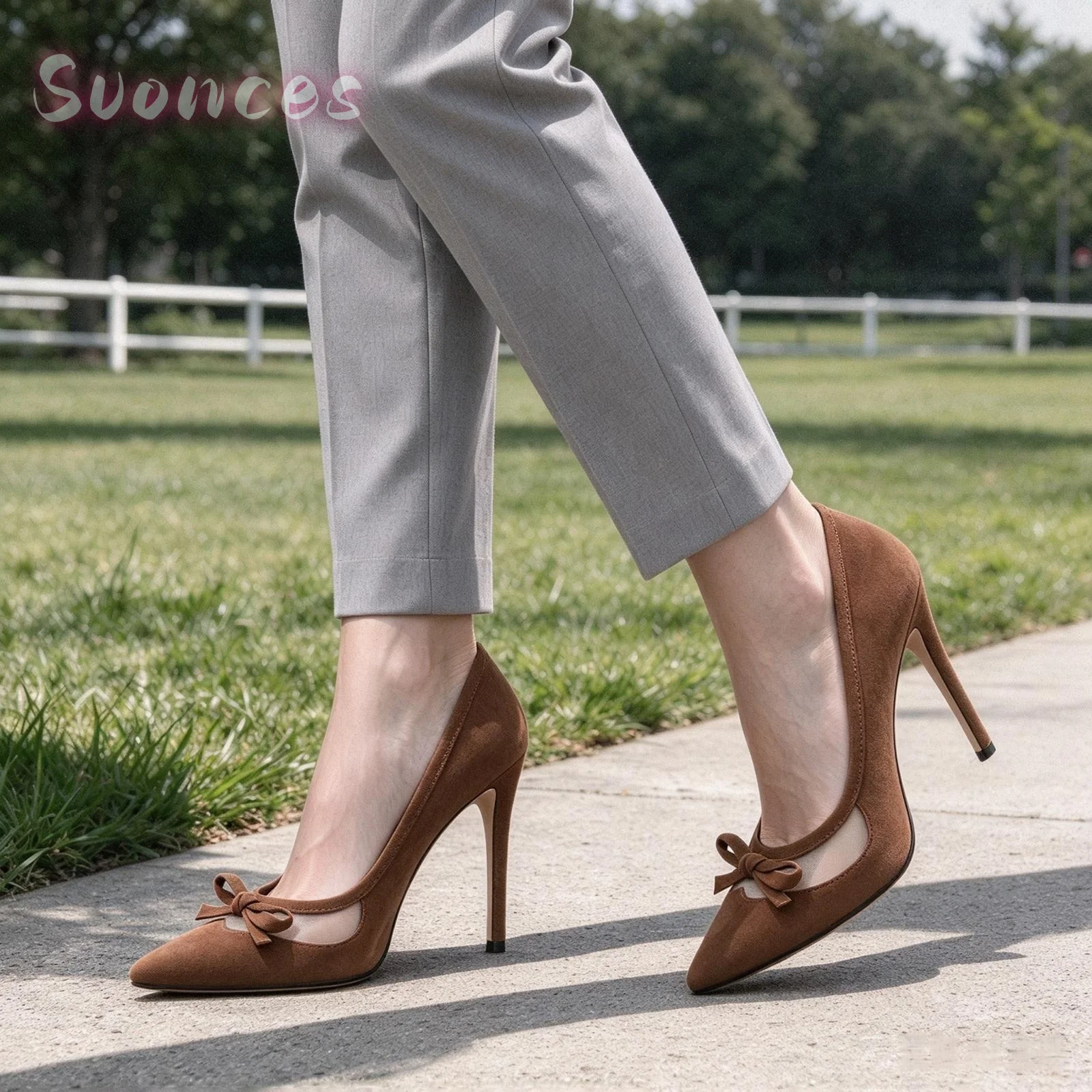 Women Pointed Toe Suede Pumps Mesh Insert Bow Ornament Thin Stilettos Slip On Style Dating Party Ladies Formal Dress Heels