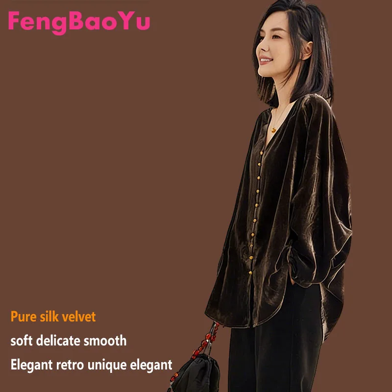 

Fengbaoyu Natural Silk Velvet Women's Shirt Long-Sleeved Single-Button Blouse Loose Large Size Clothing Comfortable Fashionable