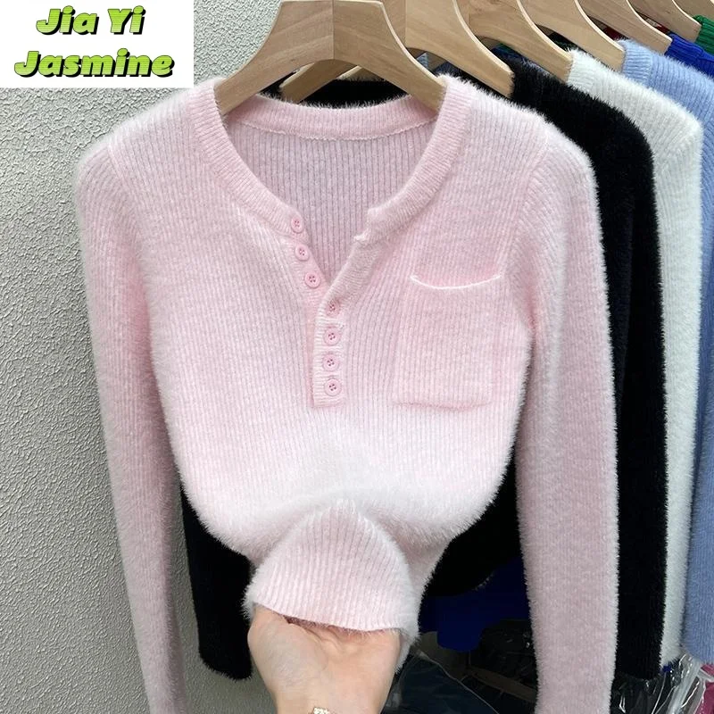 

Mink Fur Sweater Knitted Base Sweater for Women Autumn and Winter Chic Short V-neck Top with a Niche Design