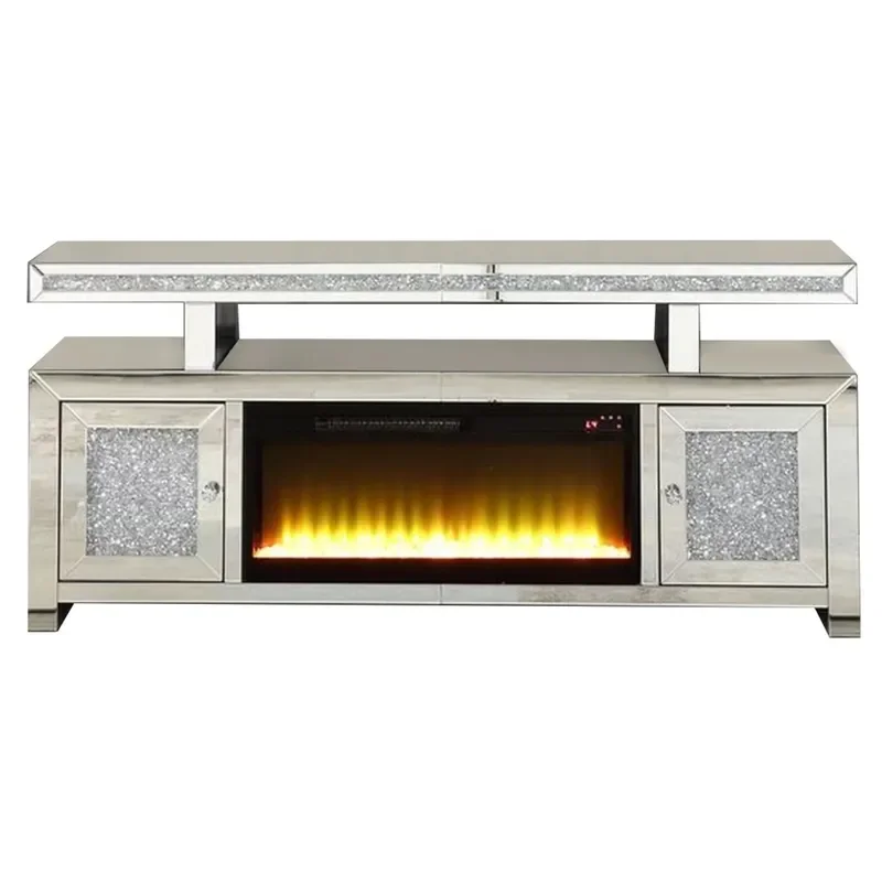 Silver Mirror TV Stand with LED Fireplace 2 Door Storage Cabinet Remote Control Modern Media Console for Living Room