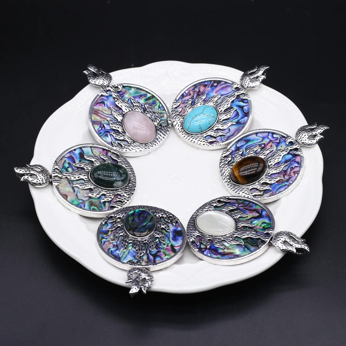 Mainstream DIY Alloy inlaid with tiger stone, abalone shell, aquatic plant agate, and other decorative pendants