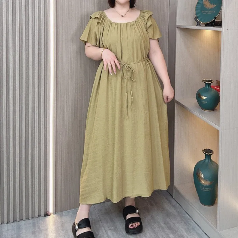 Lace-Up Waist Boat Neck Dress Female Summer New Plus Size Women\'s Fashion Cool Short Sleeved Long Dress