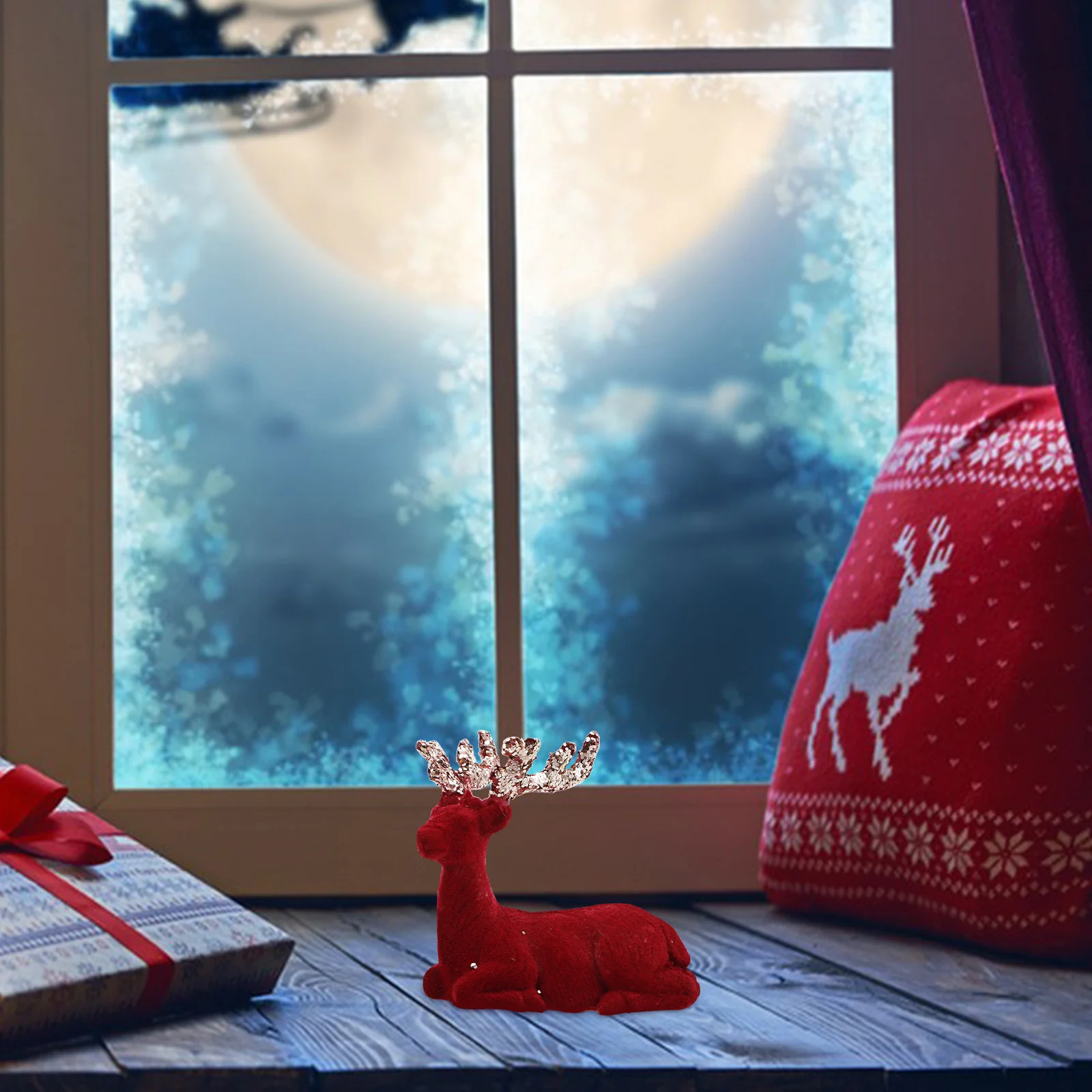 

Lifelike Deer Ornament Burgundy Flocking Christmas Tree Pendant Tabletop Xmas Decoration Reindeer Statue Winter Elk Decor