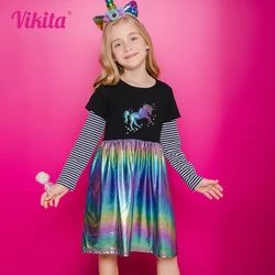 VIKITA Girls Unicorn Appliqued Cartoon Dress Kids Gradient Shiny Birthday Party Performance Prom Gown Kids Striped Dress 3-12Yrs