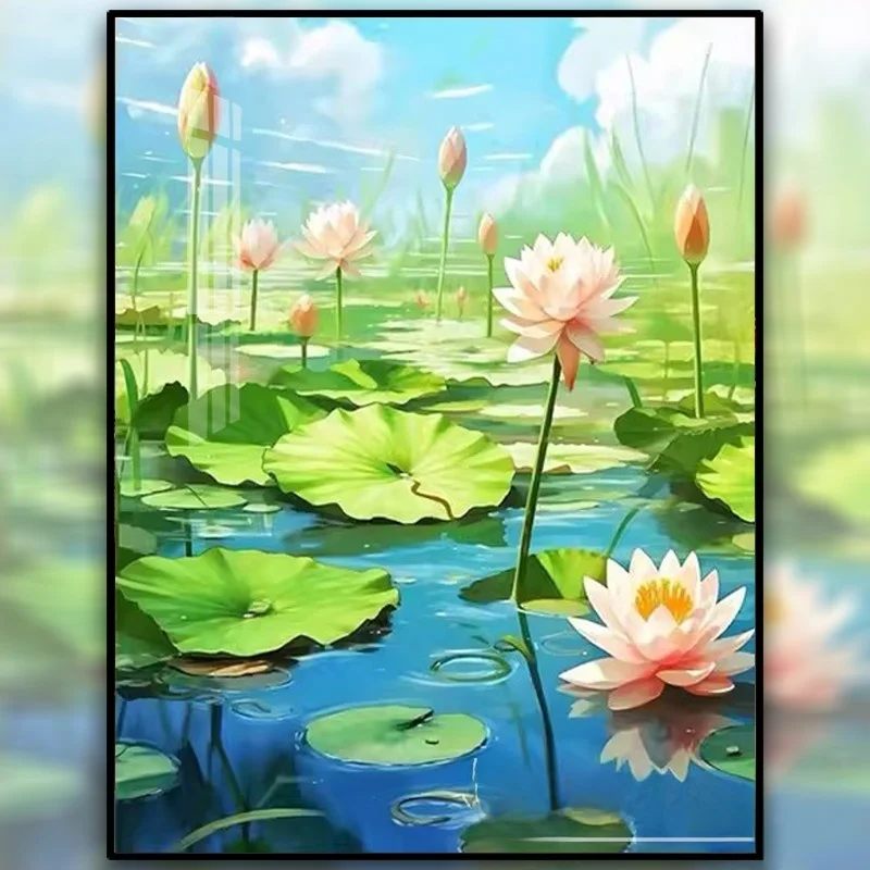 Kit de Punto de Cruz Moderno y Sencillo, Pintura de Diamantes DIY, Pequeño Cuadro de Estanque de Loto a la Luz de la Luna, Tela de Algodón para Uso Doméstico, Planta y Flor