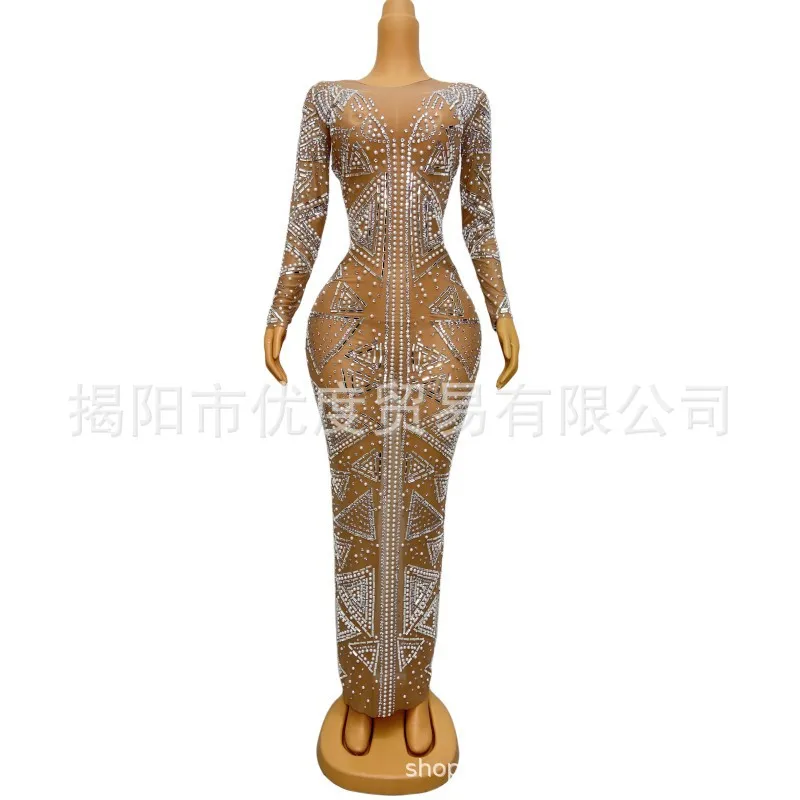

2026 Shining Pearl Rhinestone Sexy Perspective Mesh High-end Cocktail Party Night Performance Long Dress Special-shaped Triangle
