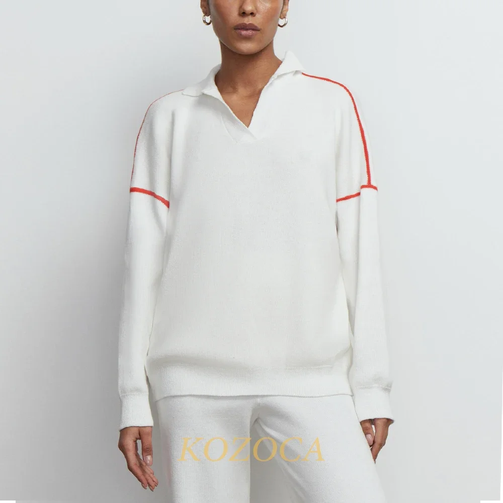 Kozoca New Sweater Women Loose Casual Jumpers Knitted Thick Soft Oversized Sweater Long Sleeve Pullover Polo Collar Fashion Tops