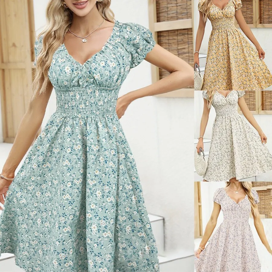 

【New style】- retro flower blister sleeves French dress colorful flower open-shoulder women's print v-neck dress