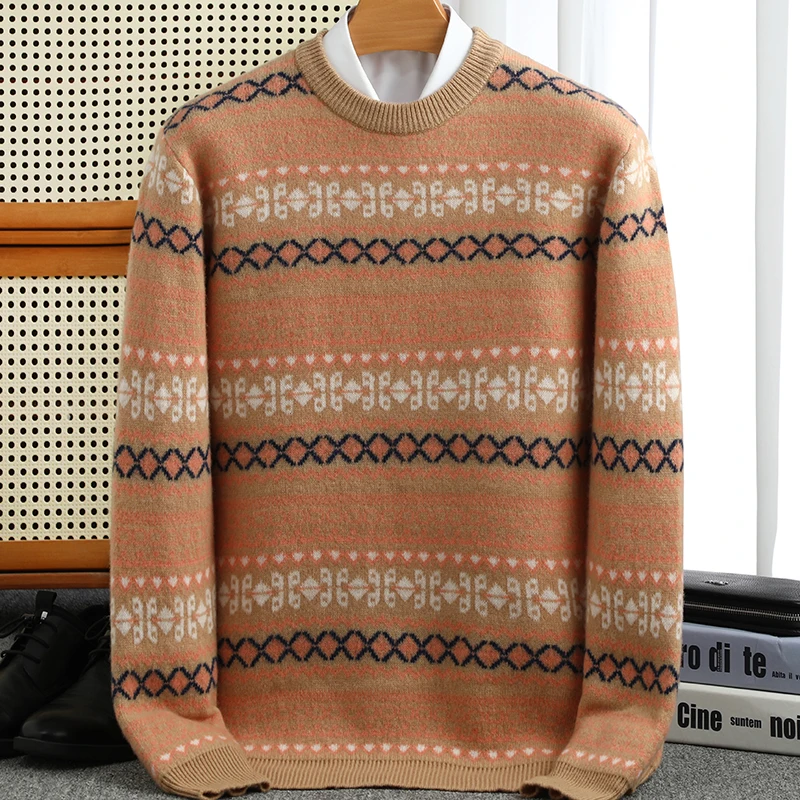 

Autumn and Winter Man New 100% Wool Cashmere Sweater National Style Jacquard Thickened Jumper Round Neck pullover Long-Sleeved