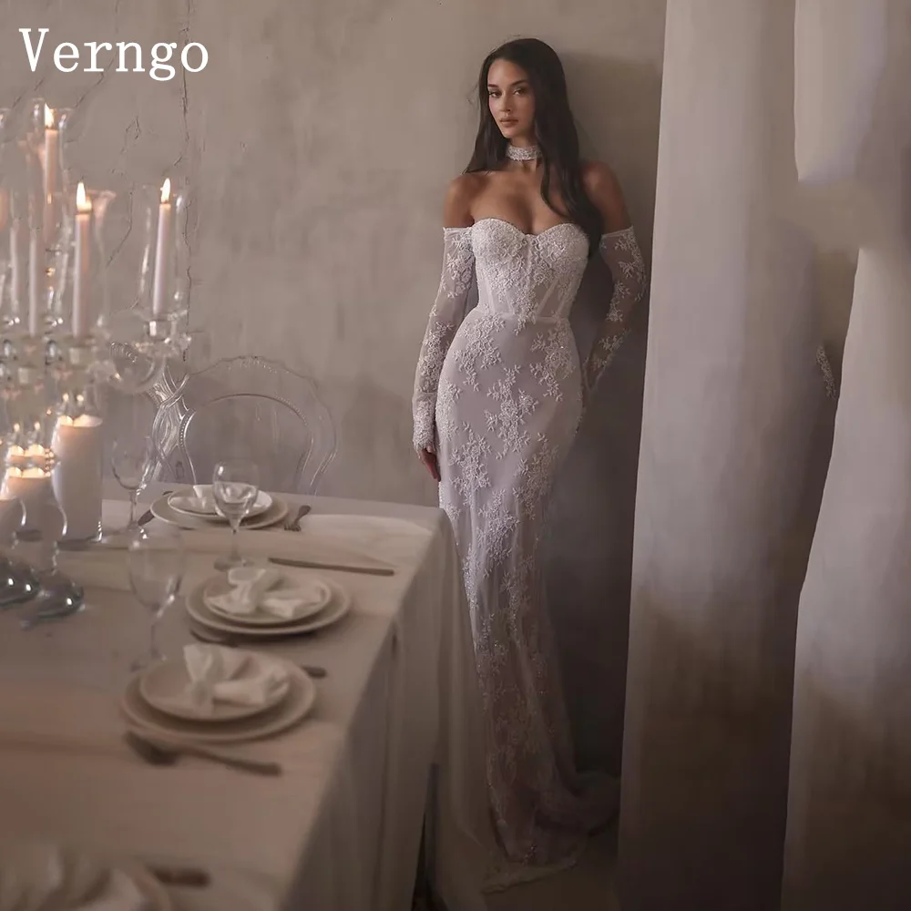 

Verngo Luxury Lace Wedding Dress Off The Sahoulder Full Sleeves Mermaid Bride Dresses Elegant Prom Bridal Gowns Customized