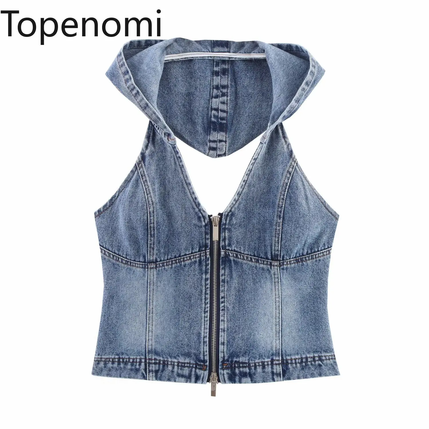 

Topenomi Hollow Out Backless Hooded Denim Shirt Women 2025 Summer Vintage Sleeveless Slim Fit Zipper Short Top Sexy Streetwear