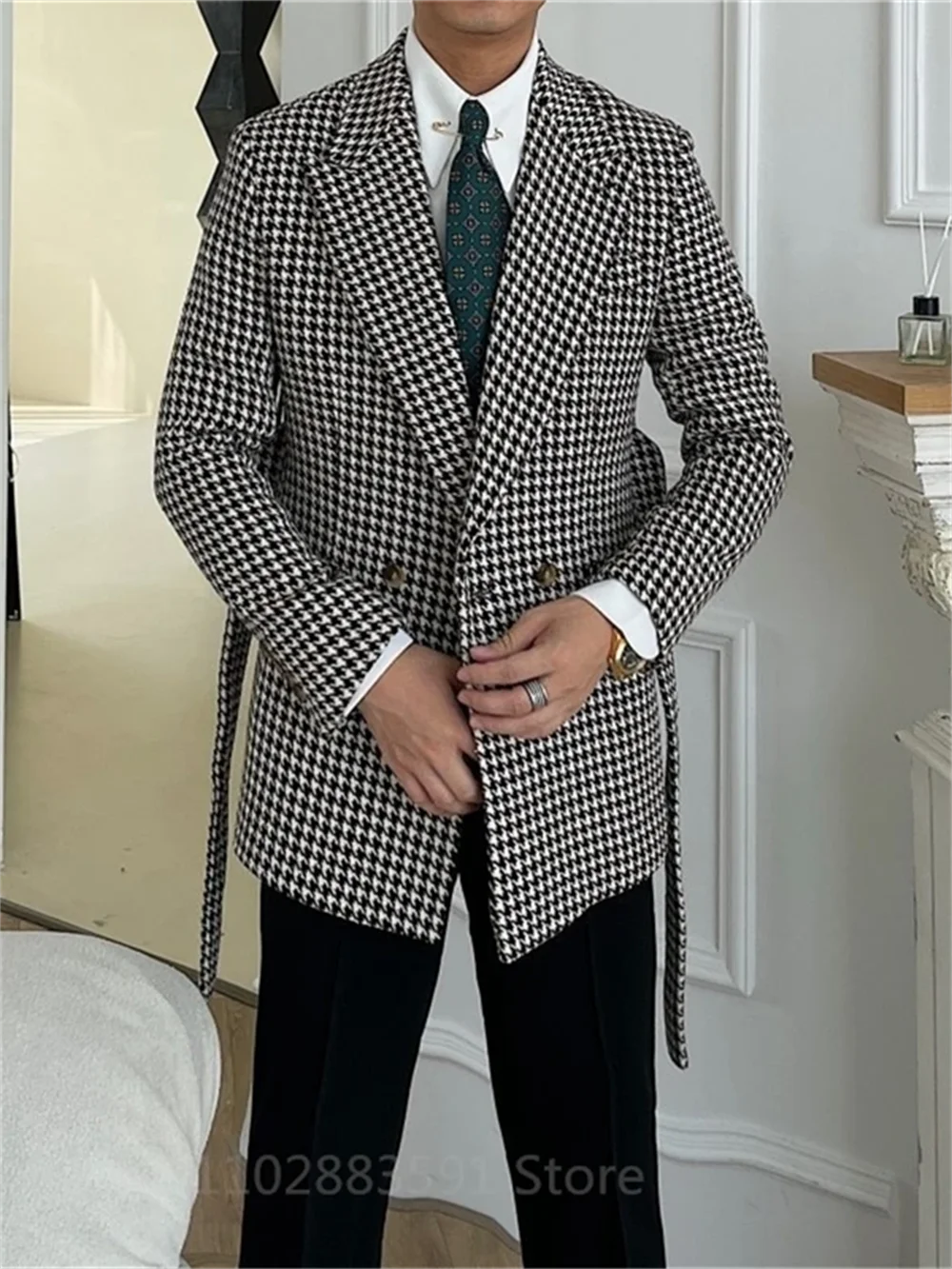 2 Piece Houndstooth Double Breasted Wedding Suits For Men Slim Fit Male Fashion Groom Tuxedo Set With Belt Latest Design